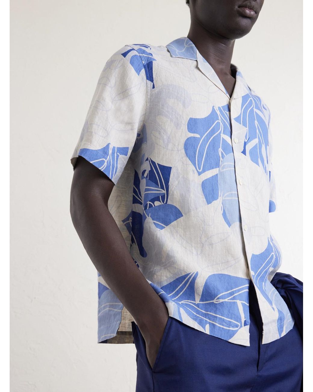 Frescobol Carioca Blue Roberto Camp-collar Printed Linen Shirt for men