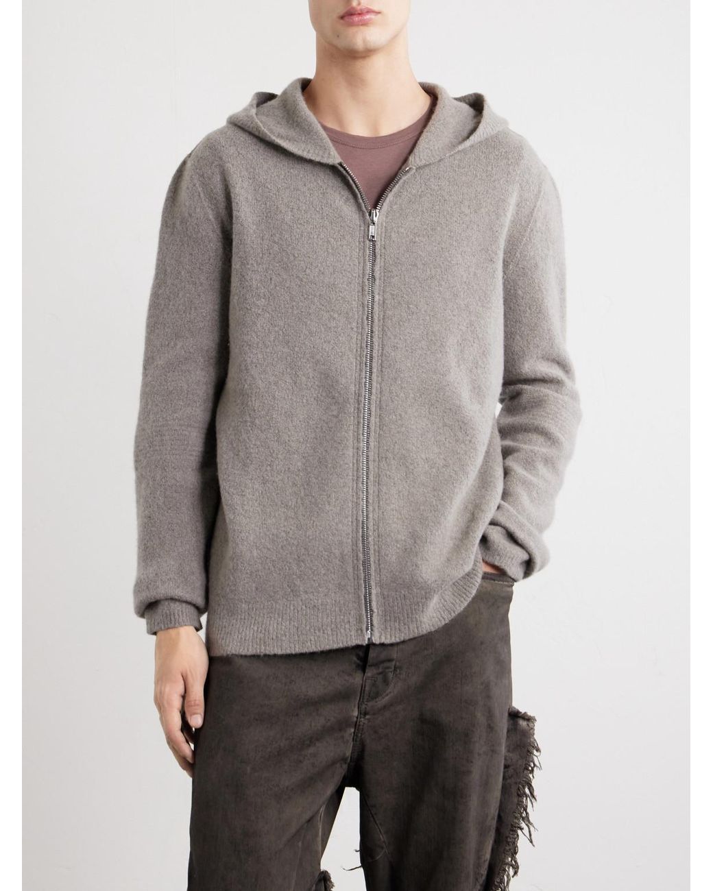 Rick Owens Gray Cashmere-Blend Felt Zip-Up Hoodie for men