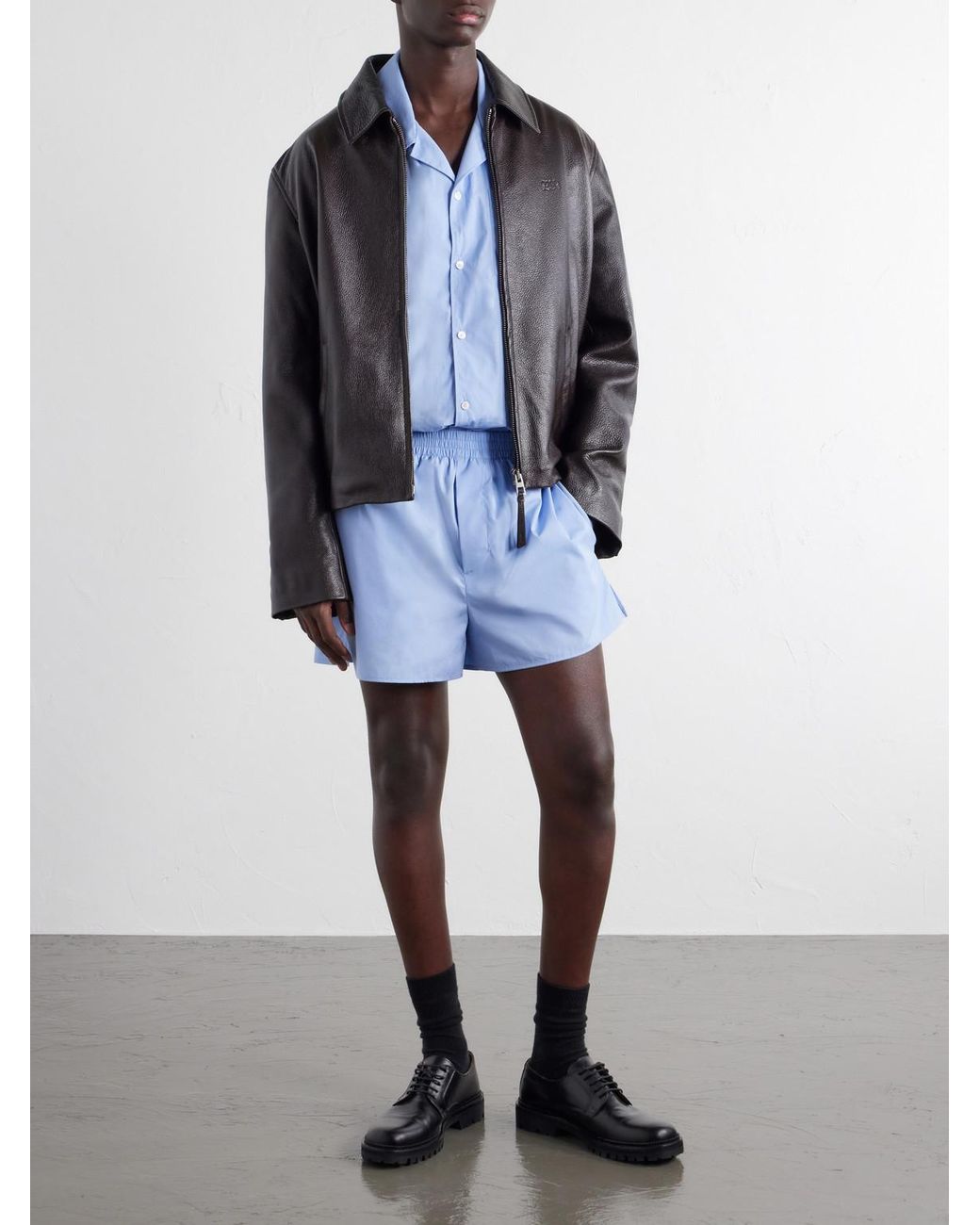 AMI Blue Straight-Leg Embroidered Cotton-Poplin Shorts for men