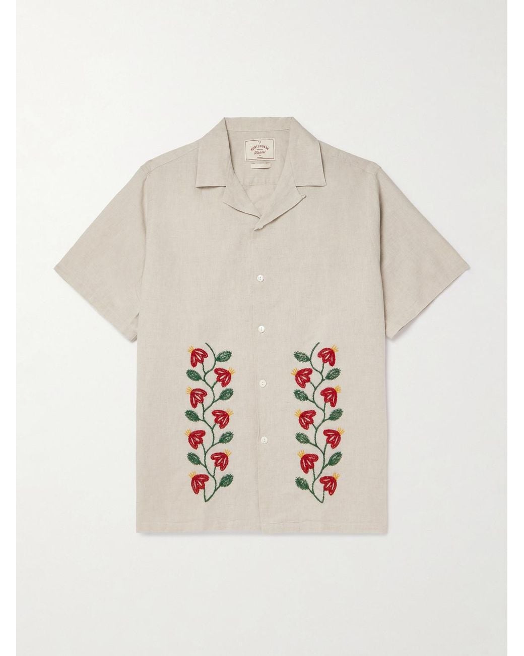 Portuguese Flannel White Branch Convertible-Collar Embroidered Linen And Cotton-Blend Shirt for men