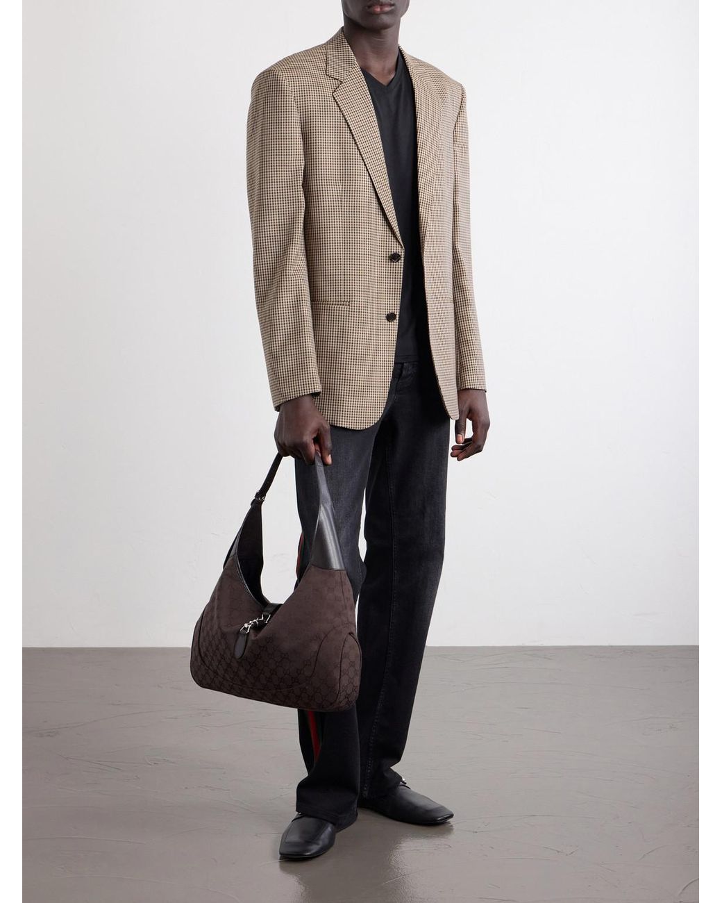 Gucci Black Jackie 1961 Leather-Trimmed Canvas-Jacquard Tote Bag for men