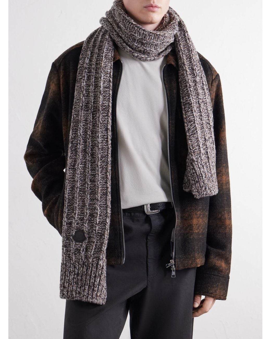 Moncler Brown Logo-appliquéd Ribbed Wool-blend Scarf for men