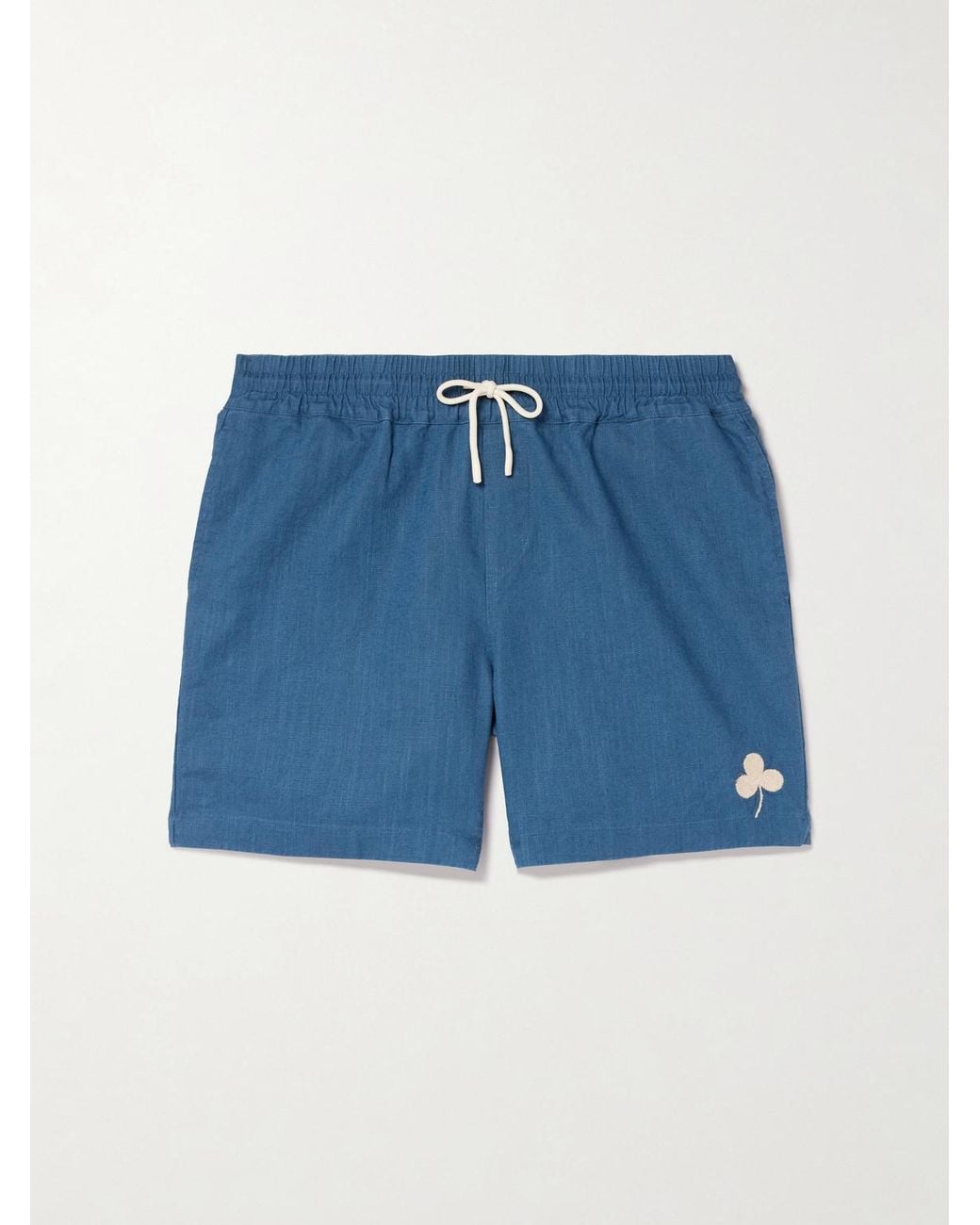 Portuguese Flannel Blue Straight-Leg Embroidered Ramie Drawstring Shorts for men