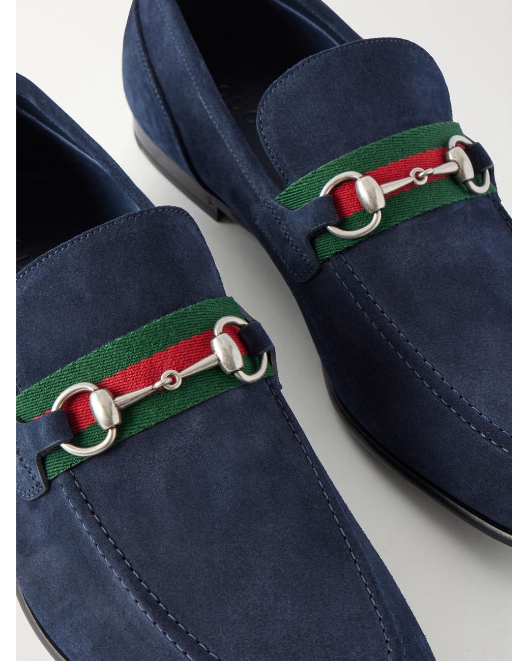 Gucci Blue Como Horsebit-embellished Web-trimmed Suede Loafers for men