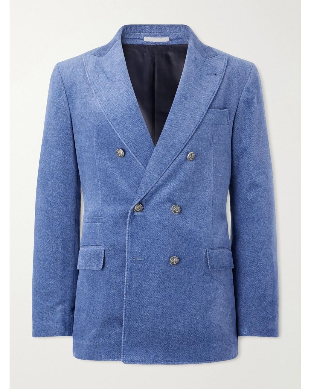 Brunello Cucinelli Blue Double-Breasted Cotton-Velvet Suit Jacket for men