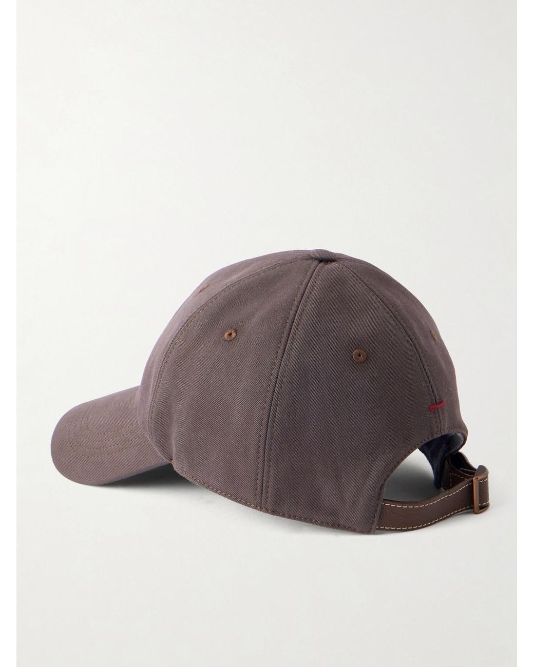 Brunello Cucinelli Brown Logo-Embroidered Leather-Trimmed Cotton-Twill Baseball Cap for men