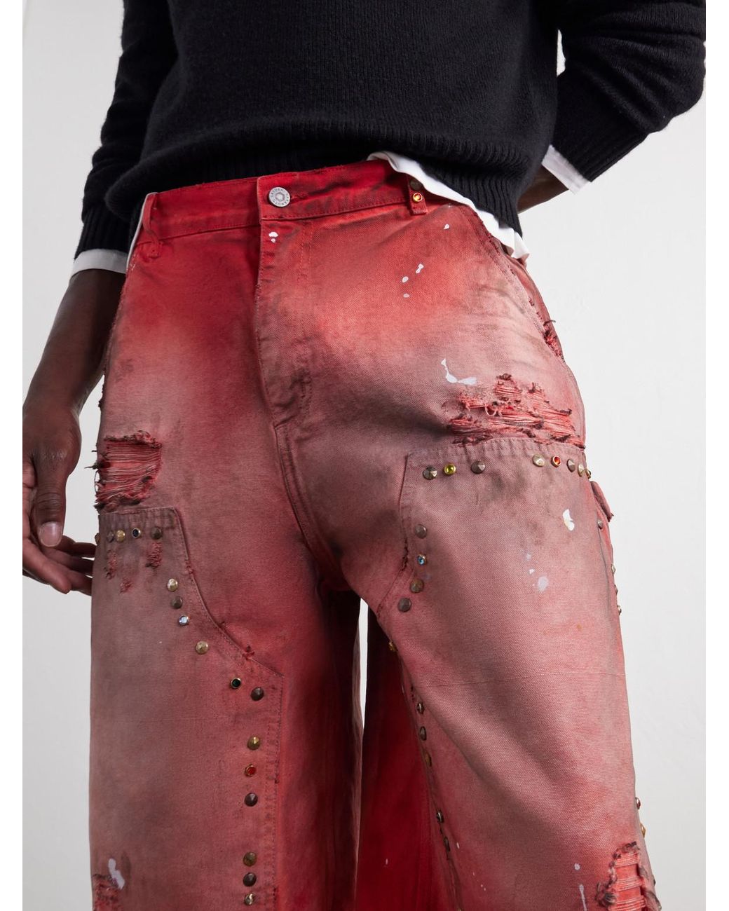 Satoshi Nakamoto Red Danny's Straight-Leg Embellished Distressed Denim Shorts for men