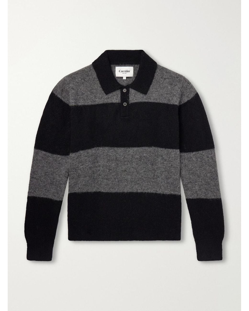 Corridor NYC Black Striped Woven Brushed Alpaca-Blend Polo Sweater for men