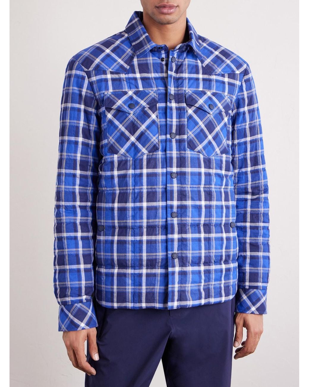 Moncler Blue Gelt Quilted Checked Cotton-Blend Down Shirt Jacket for men