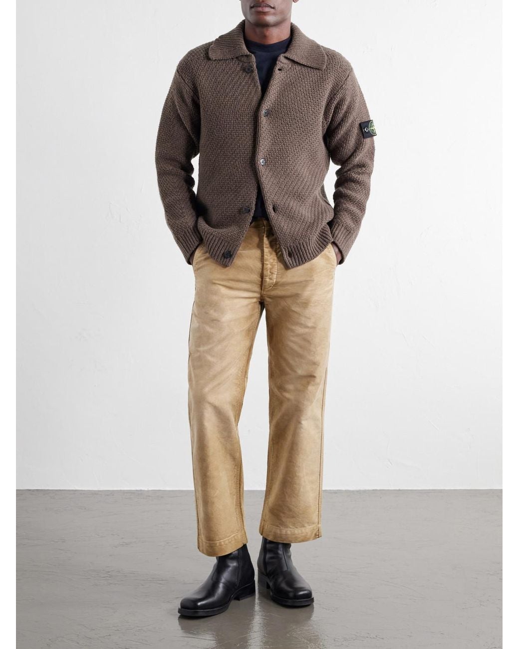 Stone Island Brown Basket-Stitch Wool-Blend Cardigan for men