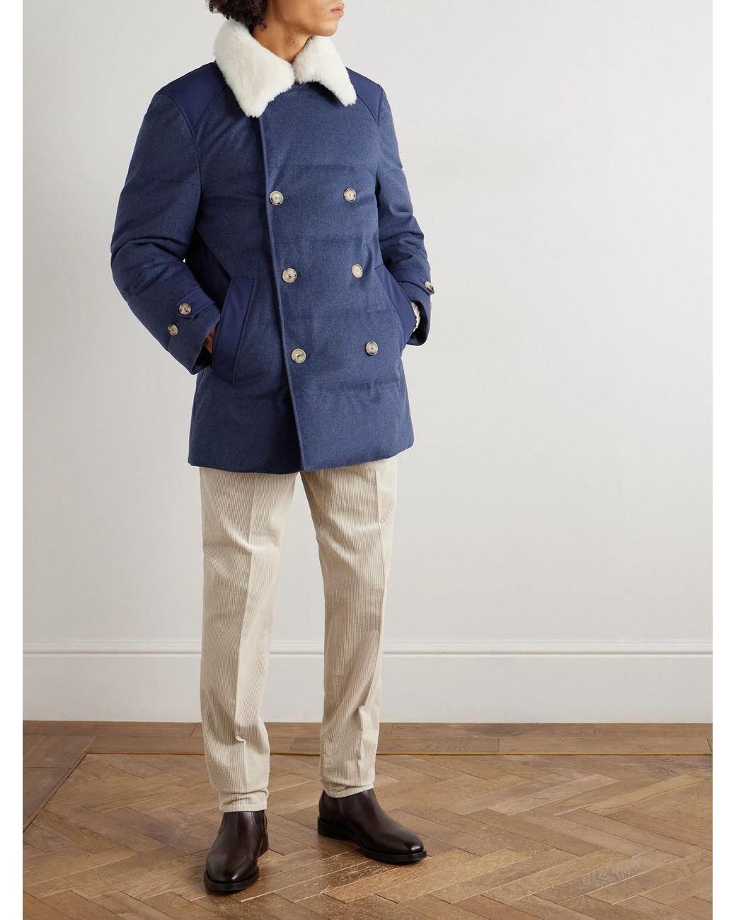 Brunello Cucinelli Blue Double-Breasted Shearling-Trimmed Quilted Wool Down Coat for men