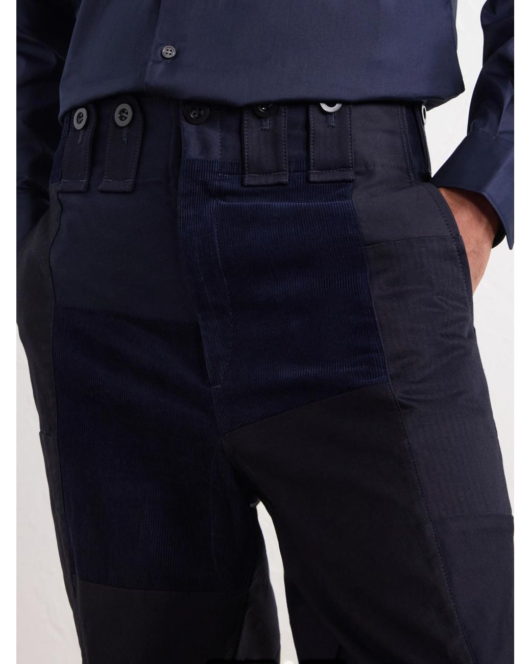 Junya Watanabe Blue Patchwork Straight-Leg Panelled Cotton-Twill Trousers for men