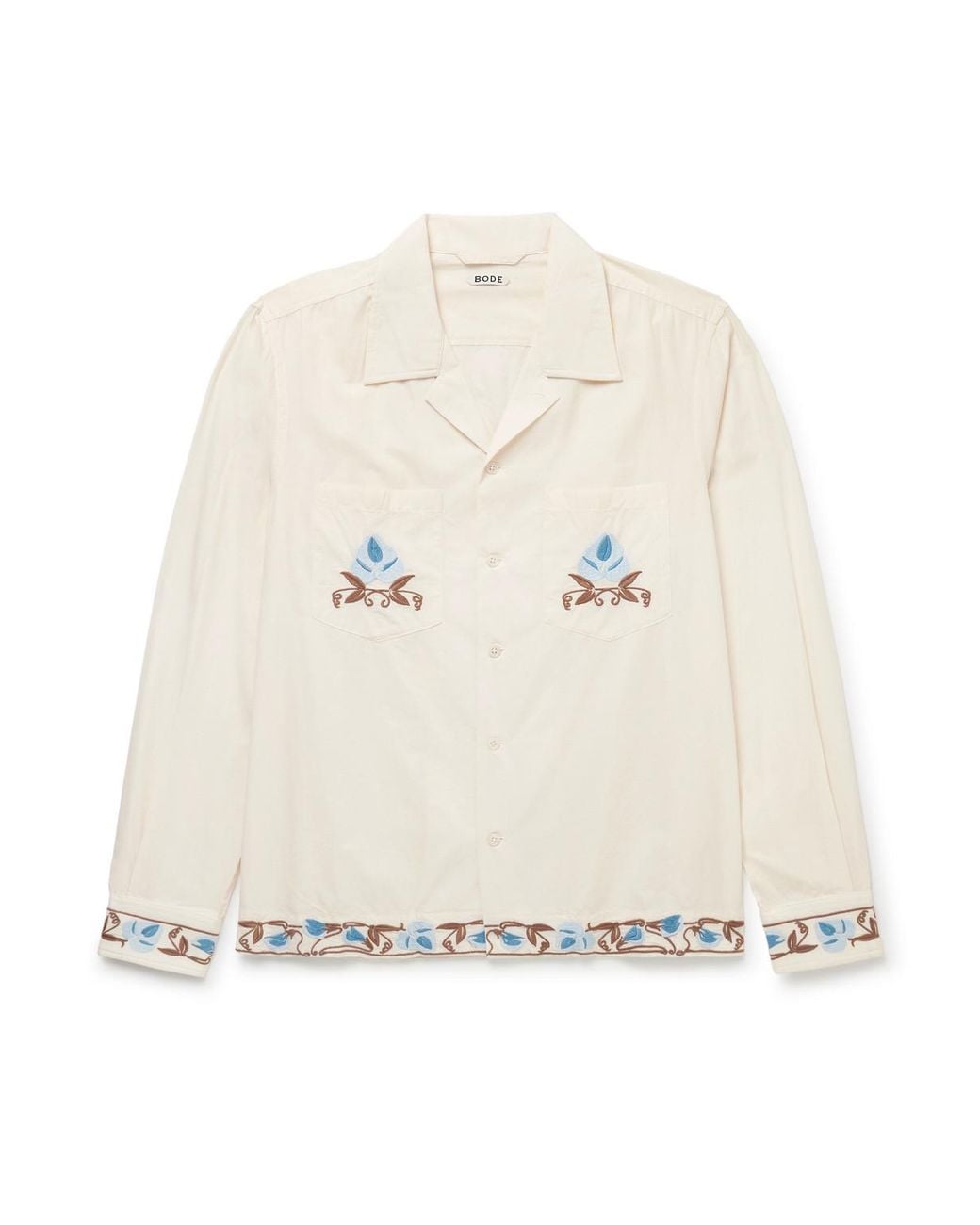 Bode White Nouveau Vine Camp-Collar Embroidered Cotton-Poplin Shirt for men