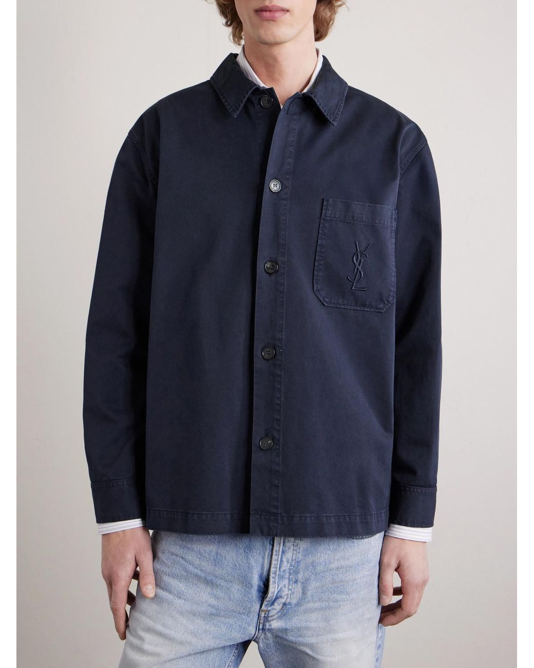 Saint Laurent Blue Logo-Embroidered Cotton-Twill Overshirt for men