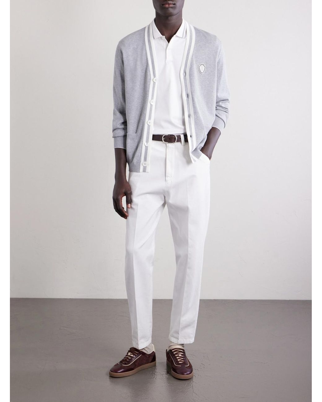 Brunello Cucinelli White Logo-Appliquéd Striped Cotton-Jersey Polo Shirt for men
