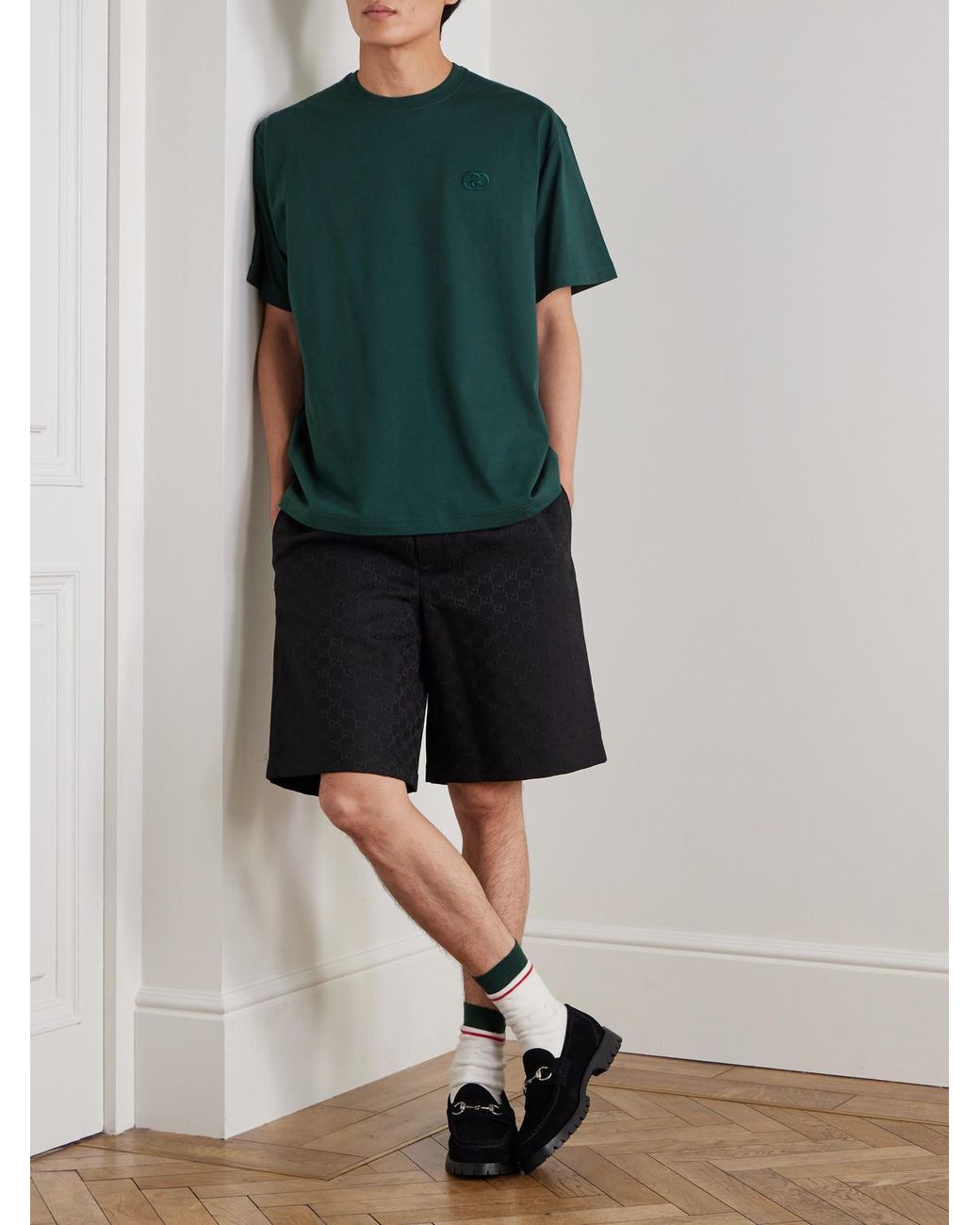 Gucci Green Logo-Embroidered Cotton-Jersey T-Shirt for men