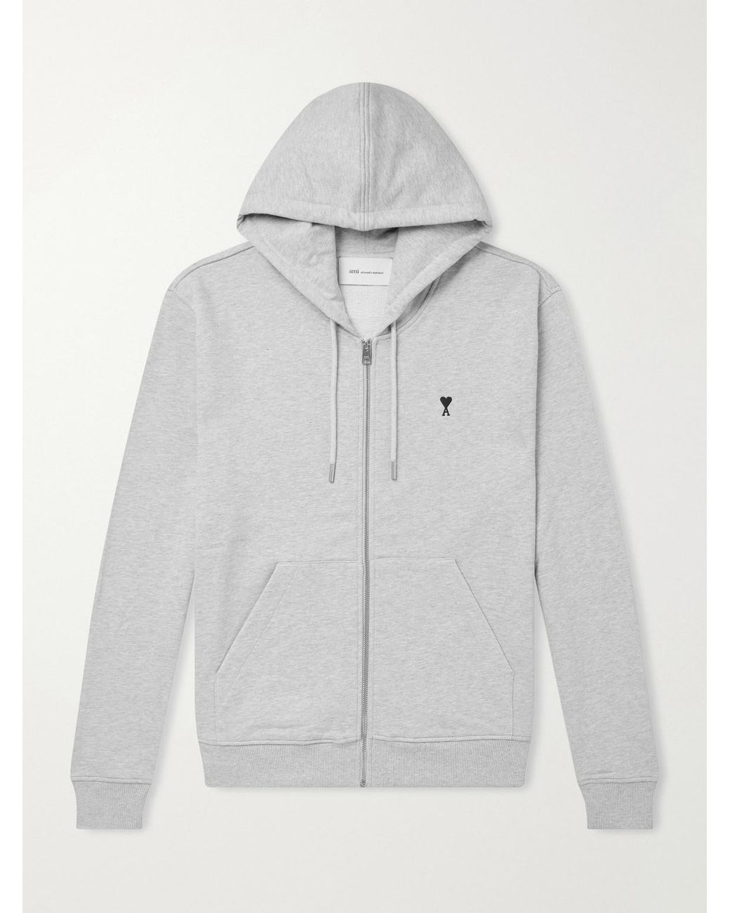 AMI Gray Logo-Embroidered Cotton-Jersey Zip-Up Hoodie for men