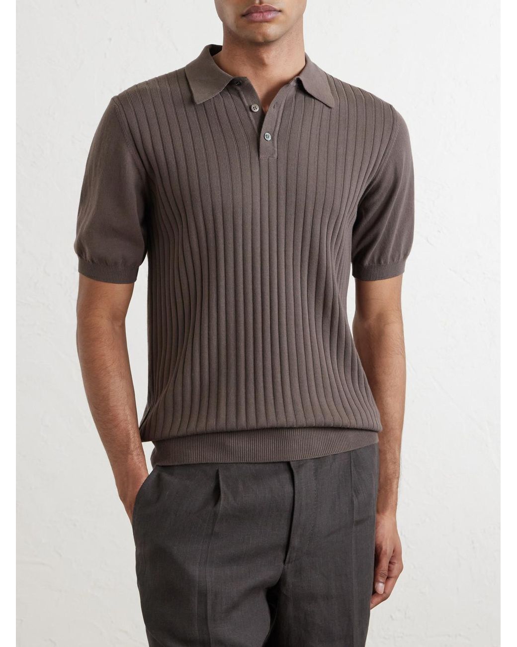 De Petrillo Gray Ribbed Cotton Polo Shirt for men