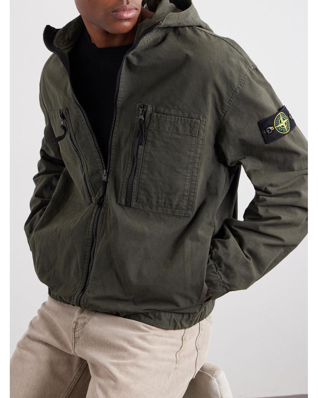 Stone Island Gray Logo-Appliquéd Garment-Dyed Organic Cotton Ripstop Hooded Jacket for men