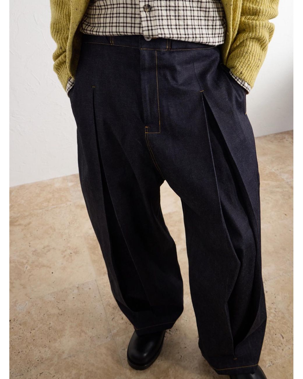 SAGE NATION Blue Barrel-Leg Pleated Jeans for men