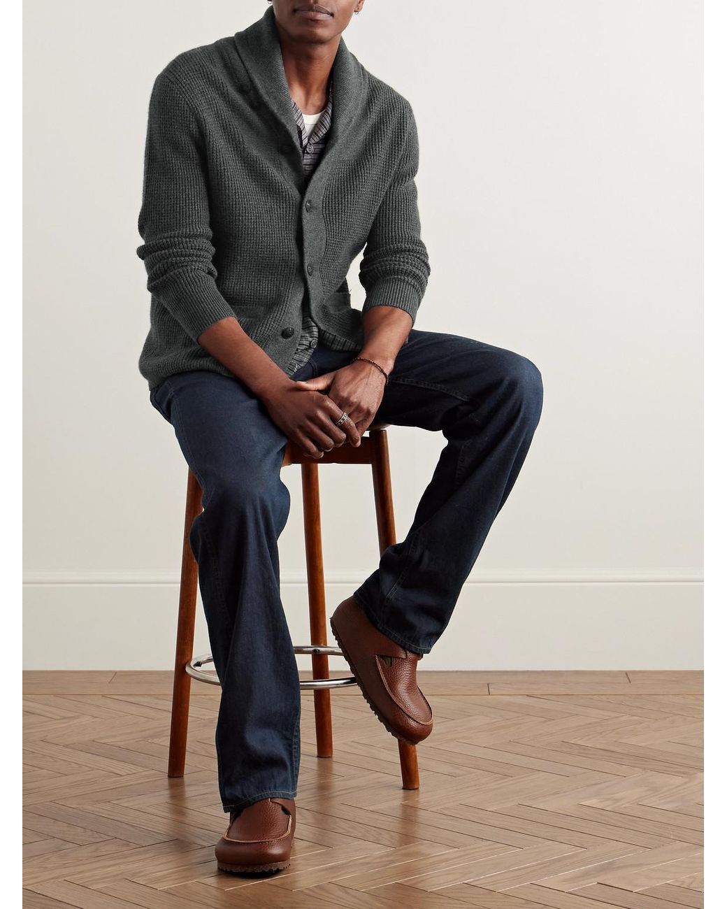RRL Gray Shawl-Collar Waffle-Knit Cashmere Cardigan for men