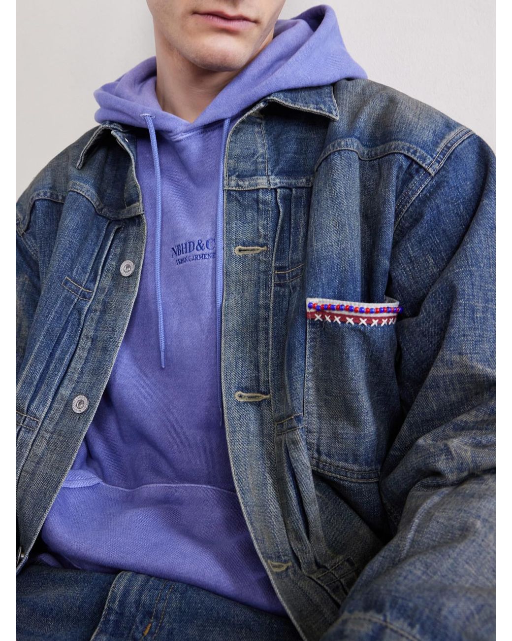 Neighborhood Blue Logo-embroidered Pigment-dyed Cotton-jersey Hoodie for men