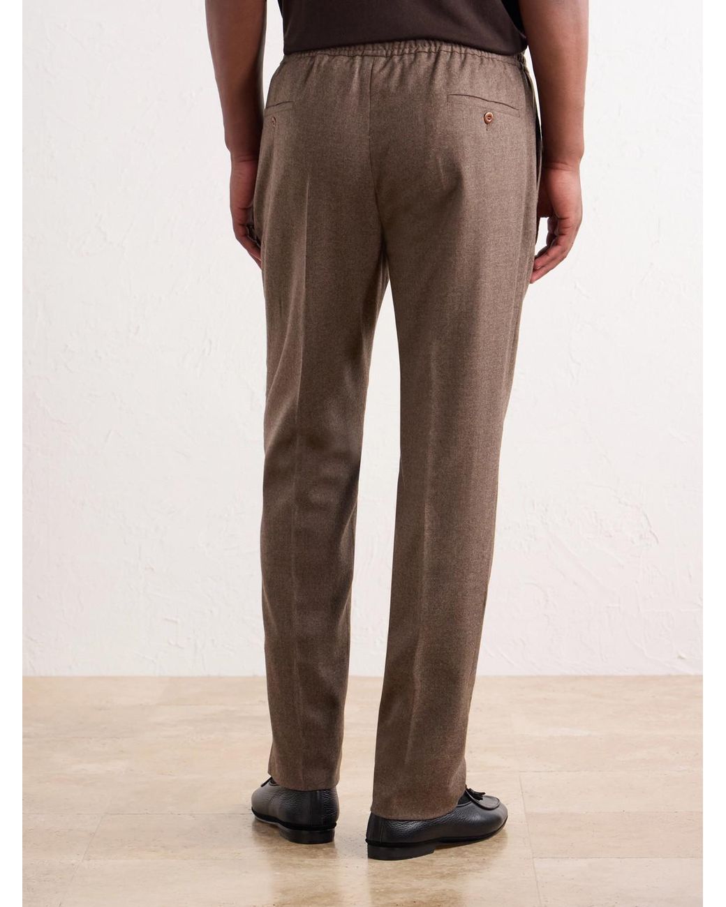 Rubinacci Brown Convertible Tapered Drawstring Virgin Wool-Flannel Trousers for men