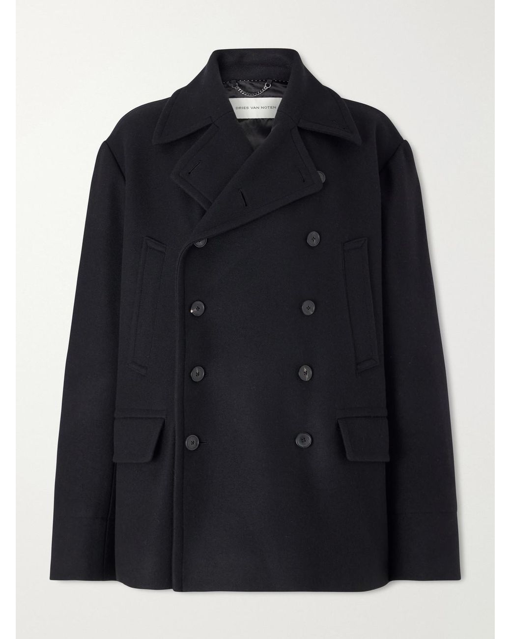 Dries Van Noten Black Double-Breasted Wool-Blend Coat for men