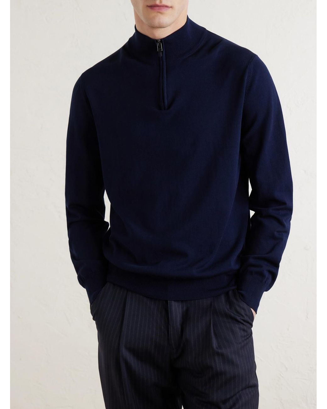 Canali Blue Cotton Half-Zip Sweater for men