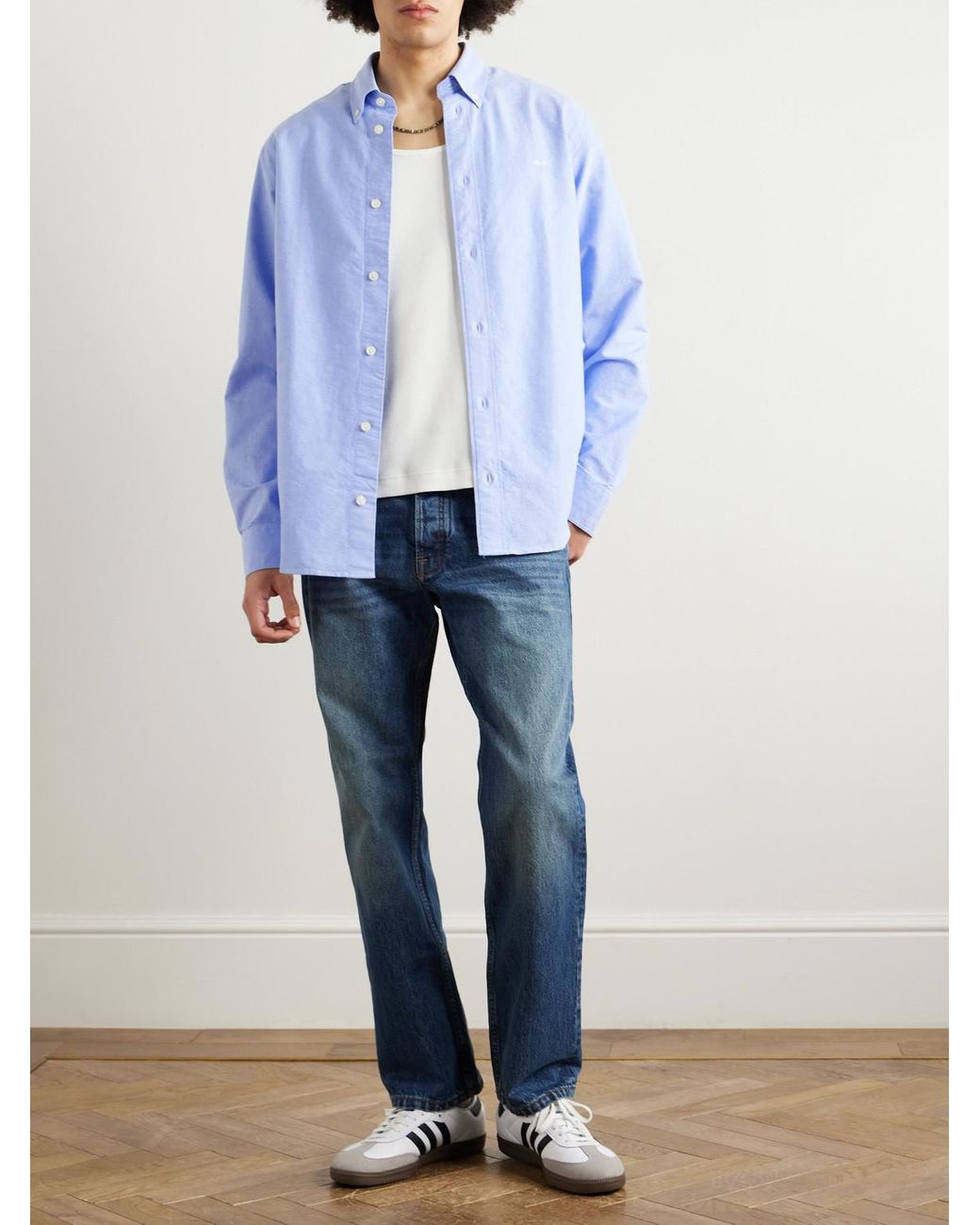 NN07 Blue Colby 5910 Button-Down Collar Logo-Embroidered Organic Cotton Shirt for men