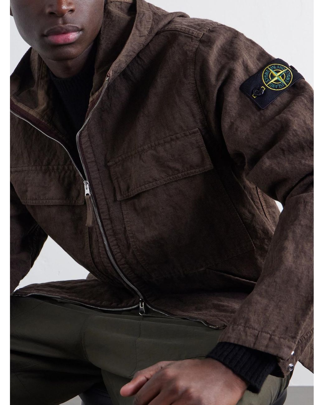 Stone Island Brown Hooded Garment-Dyed Diagonal Cotton Wool-Tc Jacket for men