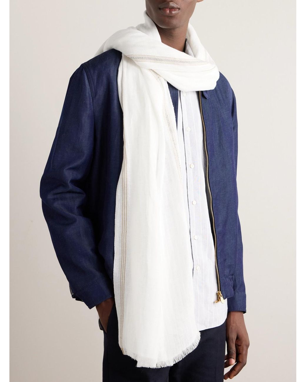 Loro Piana White Zamami Embroidered Herringbone Linen Scarf for men