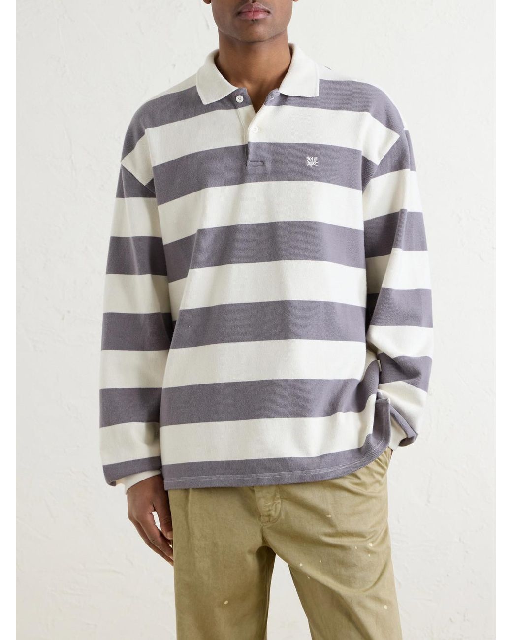 Aimé Leon Dore Gray Striped Cotton-Jersey Polo Sweater for men