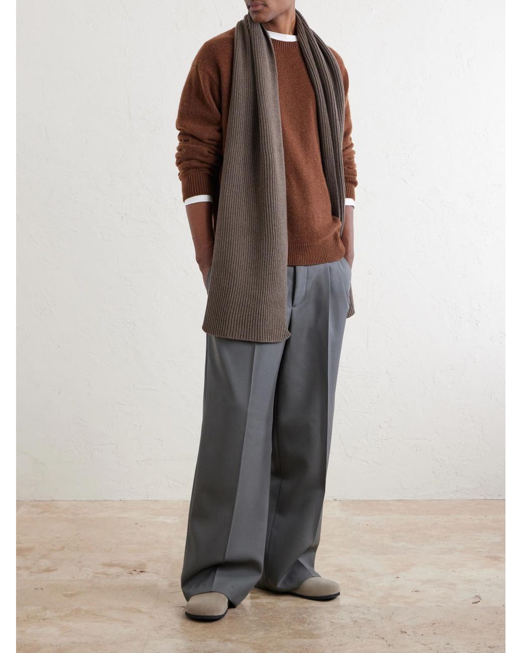 John Smedley Brown Stark Ribbed Recycled-Cashmere And Wool-Blend Scarf for men