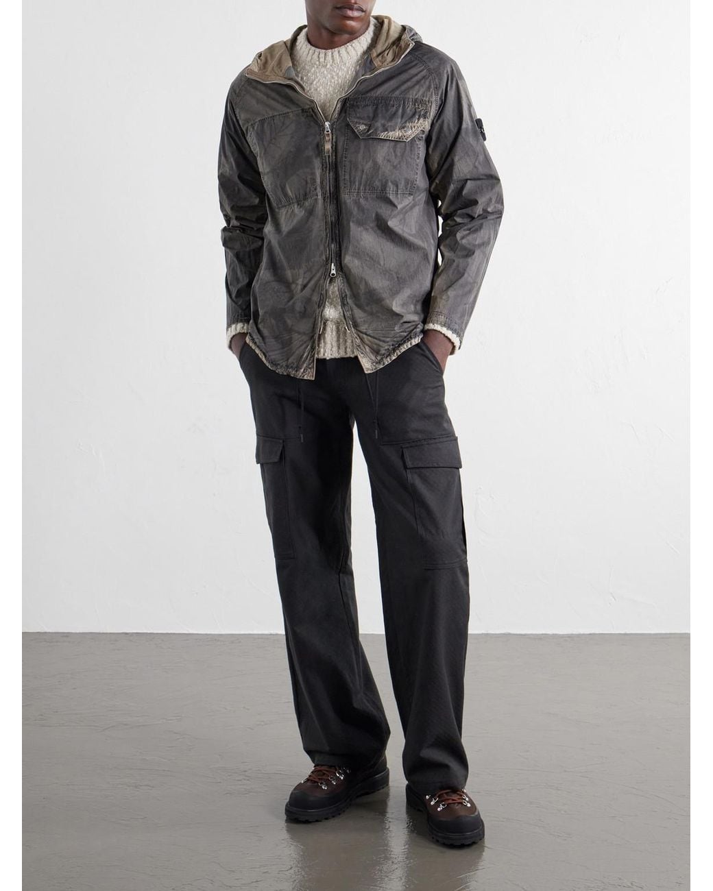 Stone Island Gray Garment-Dyed Printed Hooded Recycled Crinkle Reps Overshirt for men