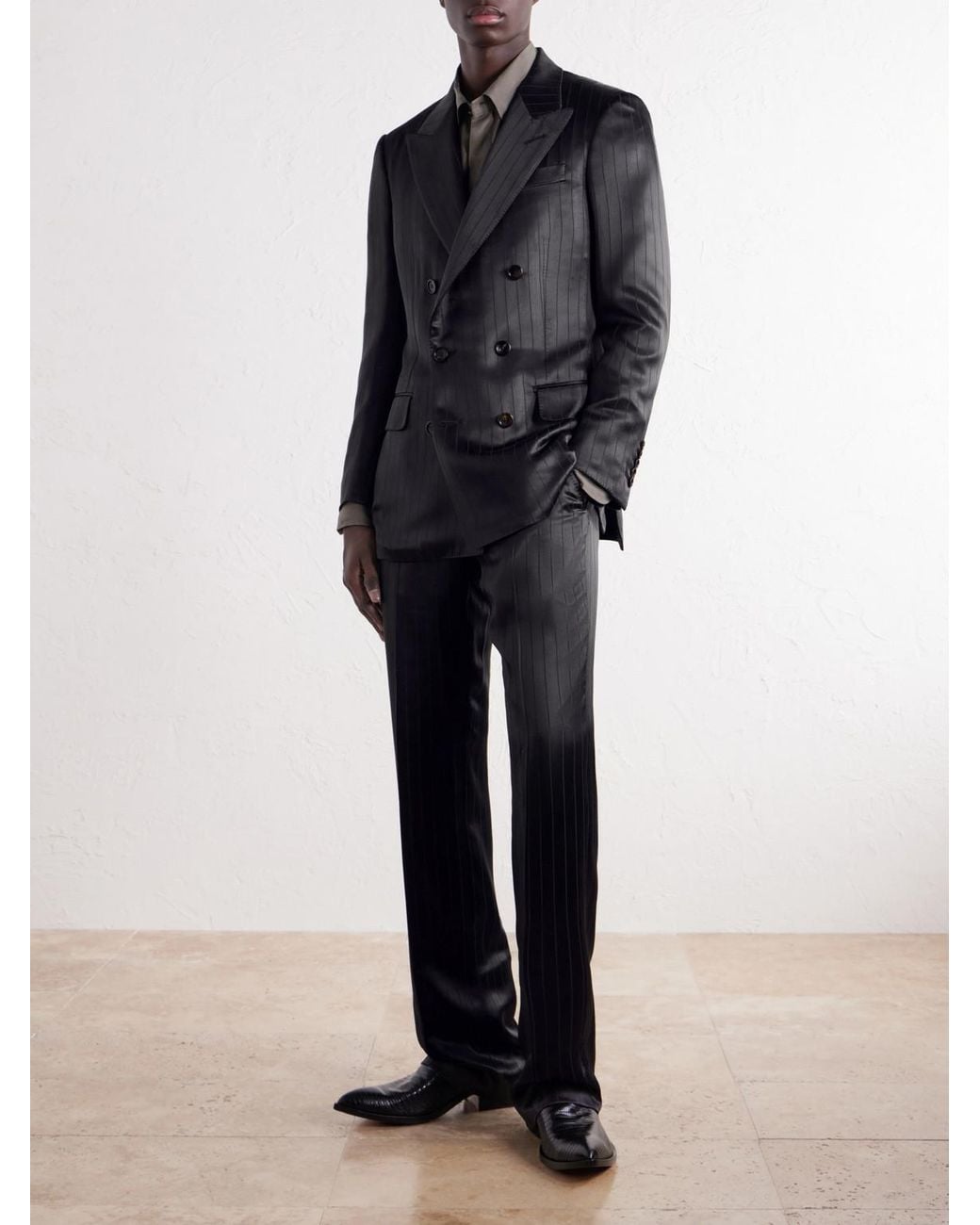 Tom Ford Black Double-Breasted Pinstriped Satin Suit Jacket for men