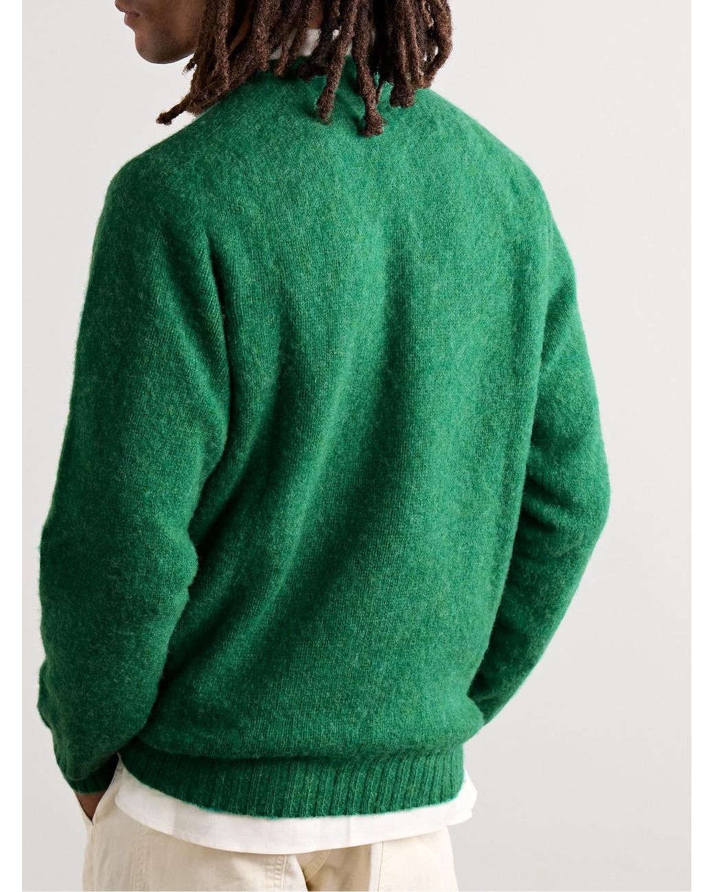 Drake's Green Brushed Shetland Wool Sweater for men
