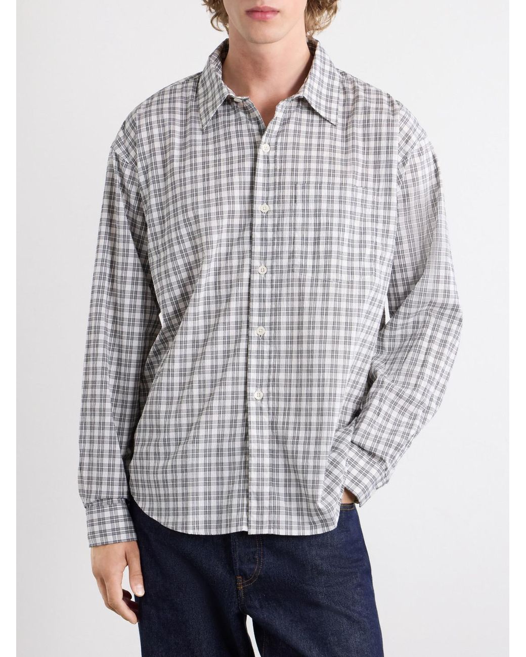 mfpen Gray Executive Checked Cotton-Blend Poplin Shirt for men