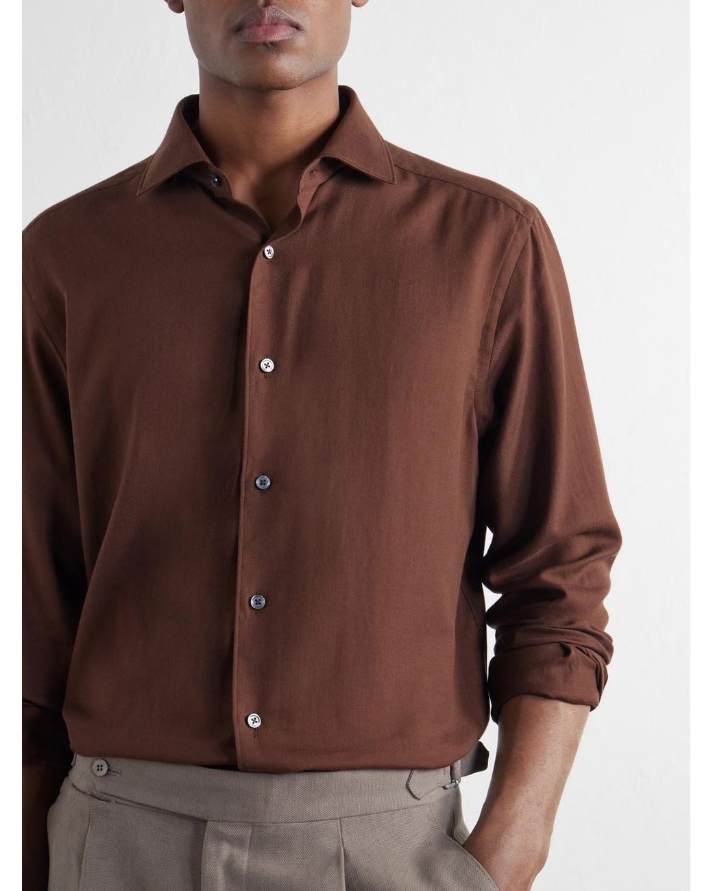 Zegna Brown Cotton And Cashmere-Blend Twill Shirt for men