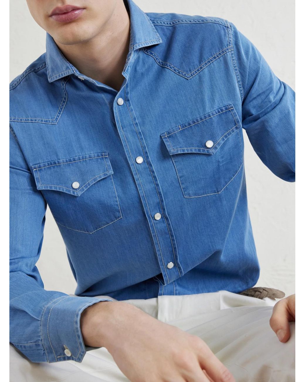 Brunello Cucinelli Blue Denim Shirt for men
