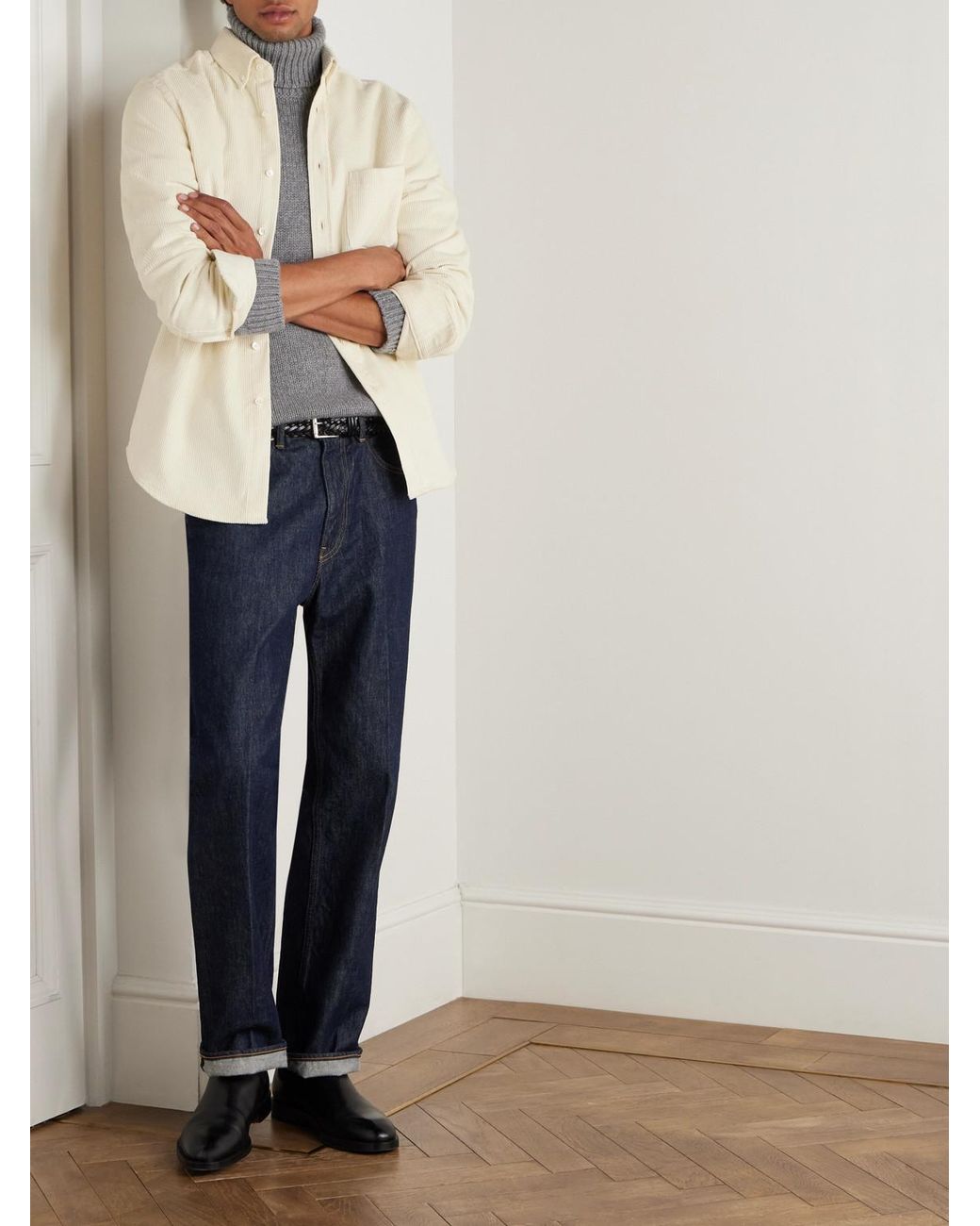 Anderson & Sheppard Gray Rib-Trimmed Cashmere Rollneck Sweater for men