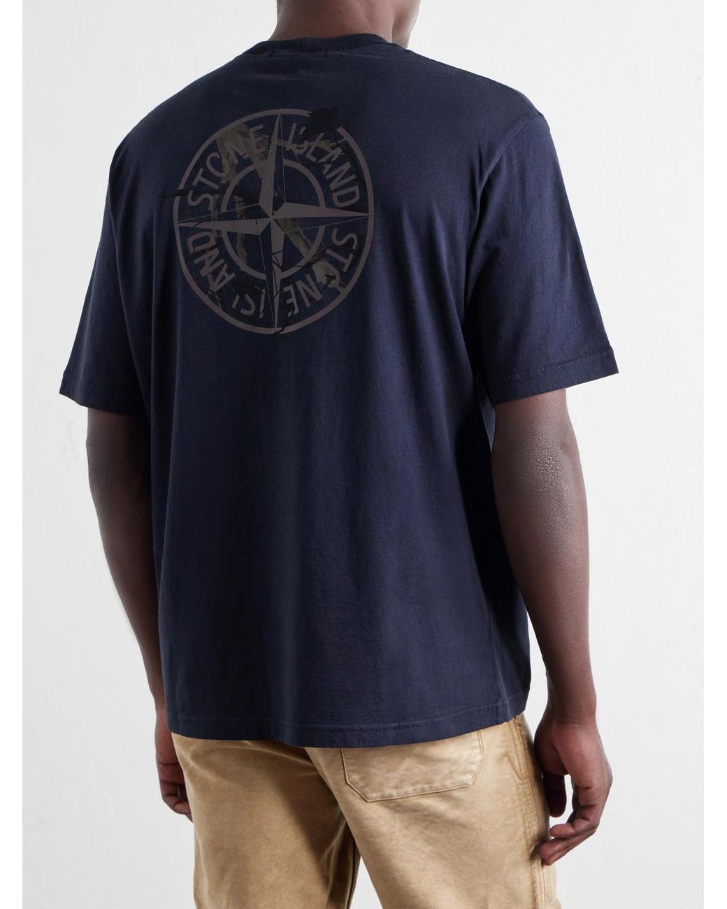 Stone Island Blue Garment-Dyed Printed Organic Cotton-Jersey T-Shirt for men