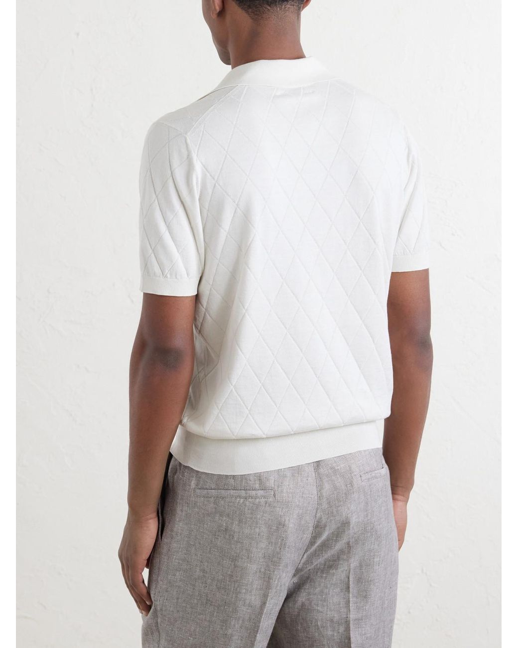 Brunello Cucinelli White Open-Collar Knitted Cotton Polo Shirt for men