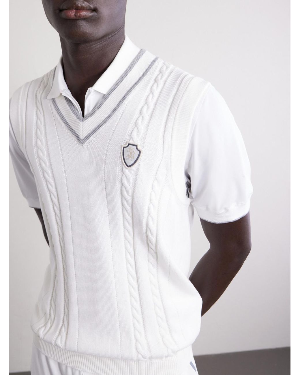 Brunello Cucinelli White Logo-Appliquéd Cotton Sweater Vest for men