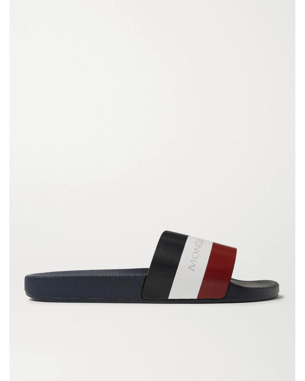 Moncler White Basile Logo-Print Striped Leather Slides for men
