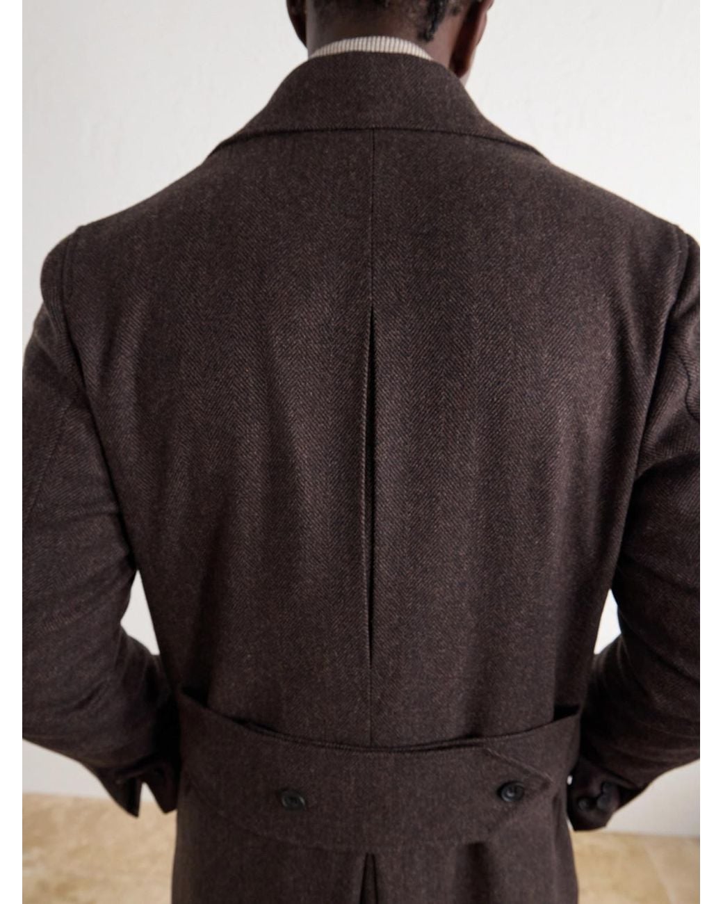 Rubinacci Brown Double-Breasted Herringbone Virgin Wool Twill Coat for men