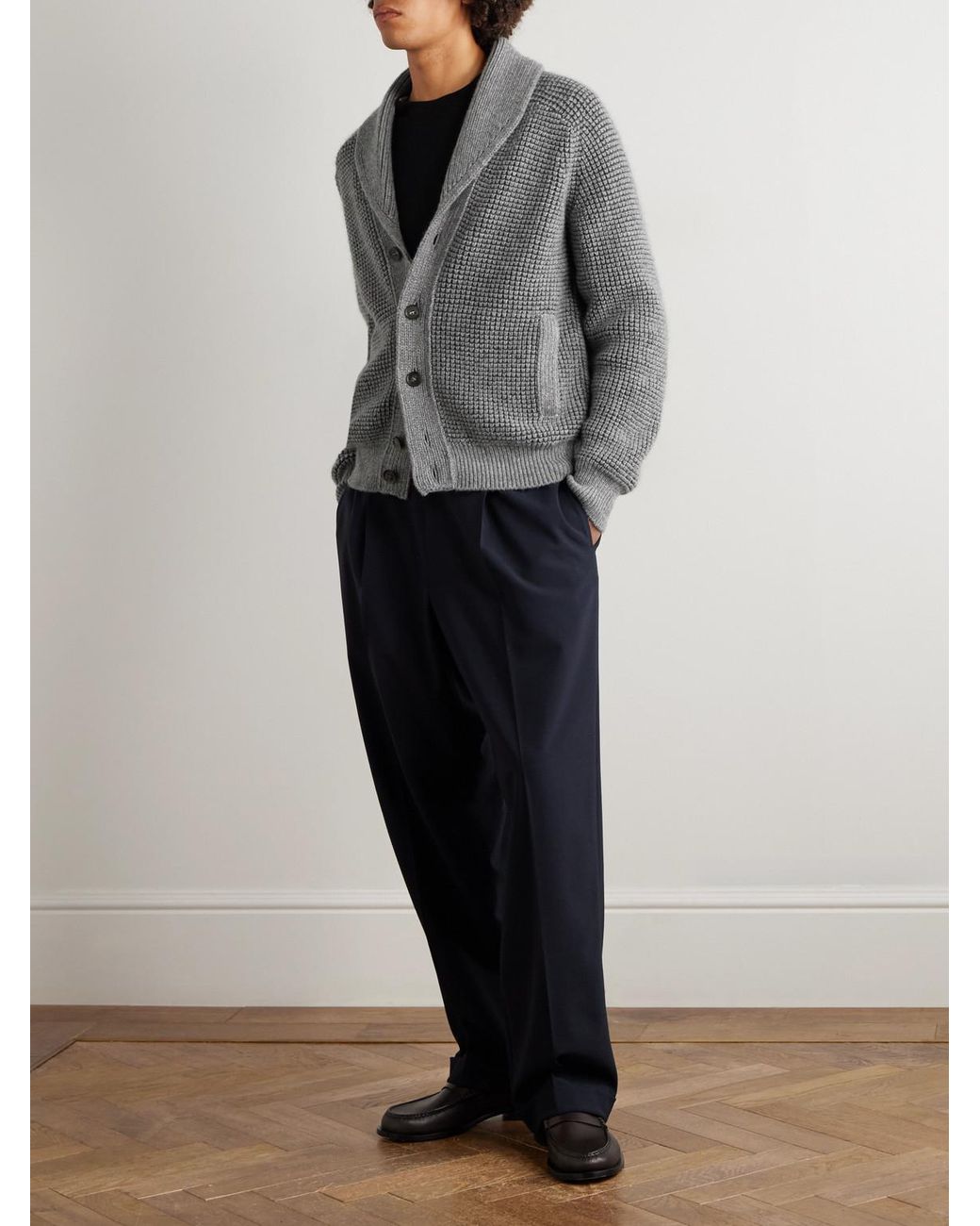 Zegna Gray Shawl-Collar Waffle-Knit Cashmere And Mohair-Blend Cardigan for men