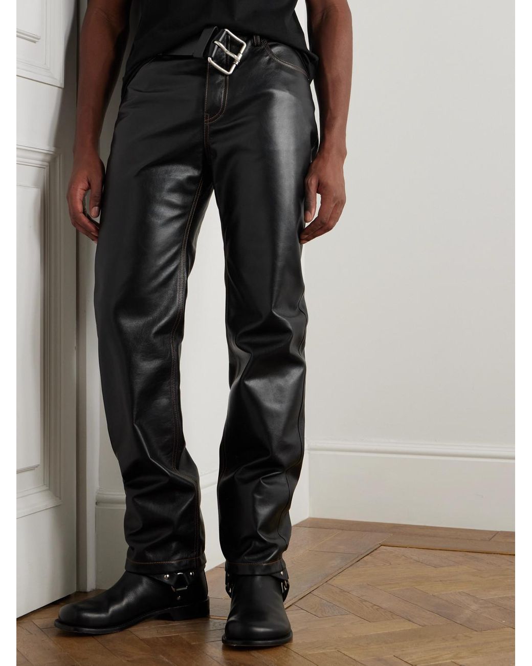 Loewe Straight-Leg Belted Leather Trousers in Black for Men
