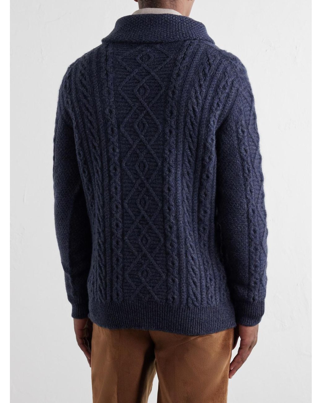 James Purdey & Sons Blue Shawl-Collar Aran Cable-Knit Wool Sweater for men