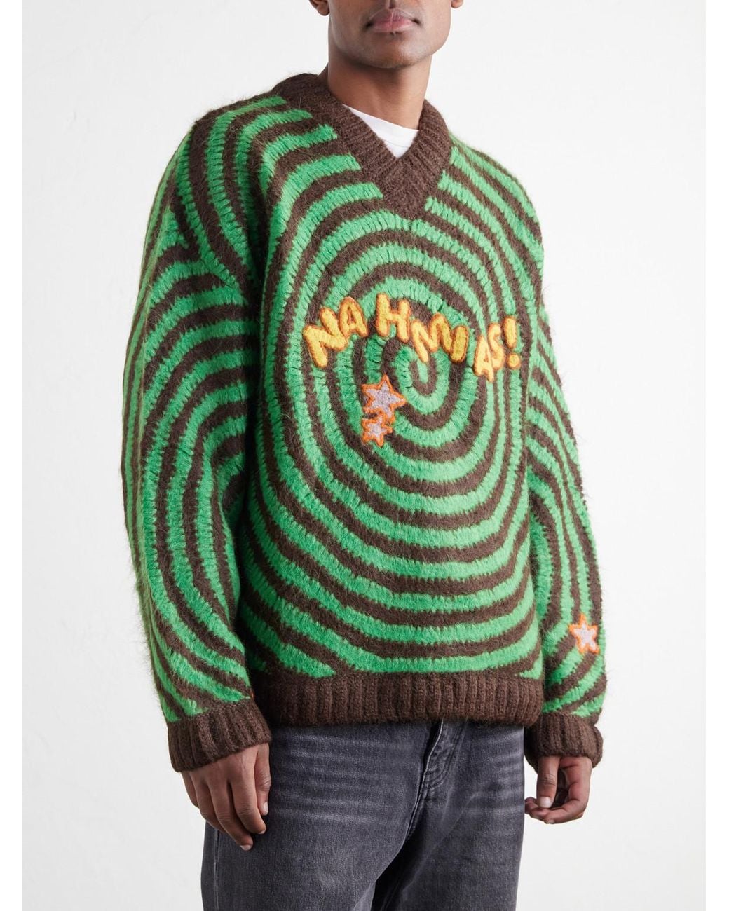 NAHMIAS Green Embroidered Alpaca-Blend Crochet Sweater for men
